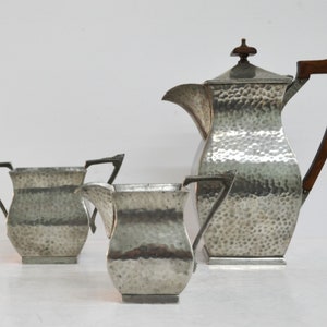 Pewter Coffee Set by Talbot. Coffee Pot, Creamer and Sugar Bowl. Art Deco Style. Made in  England.