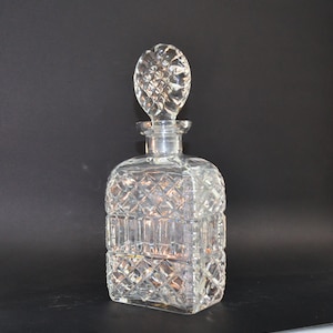 Crystal Hand Cut Square Spirit Decanter with Original Stopper. Lausitzer Glaswerke, East Germany (GDR) Style. Midcentury Vintage.
