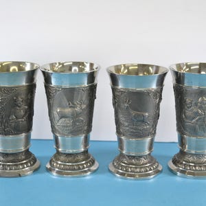 Set of Three + One Vintage Pewter Beer/Wine Goblets by Gnadental Zinn Eduard Scholl & Co. Württemberg, Germany. Cast Pewter. Marked.