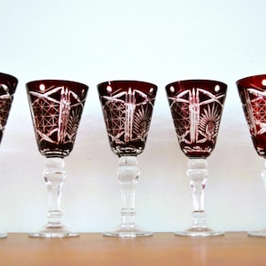 Set of Five Red Crystal Liqueur-Cordial-Aperitif Glasses. Bohemian Cased Cut to Clear Crystal. Midcentury Vintage.