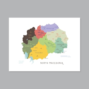 Nordmazedonien Karte, DRUCKBARE Nordmazedonien Regionen und Hauptstädte, Nordmazedonien Karte, moderne Wohnkultur (#P628)