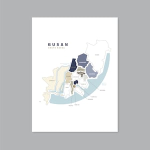 Mapa de los barrios de Busan, mapa imprimible de Busan, póster de Busan, arte mural de Busan, mapa de distritos de Busan, descarga digital (#P524)