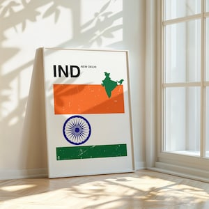 Póster de la bandera de la India: arte mural imprimible, impresión minimalista de un mapa de la India, decoración de viaje, ilustración vintage con la bandera (#F109)