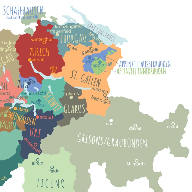 Switzerland Map Print Swiss Cantons Capitals digital Download Switzerland Map Print Swiss Cantons Capitals digital Download