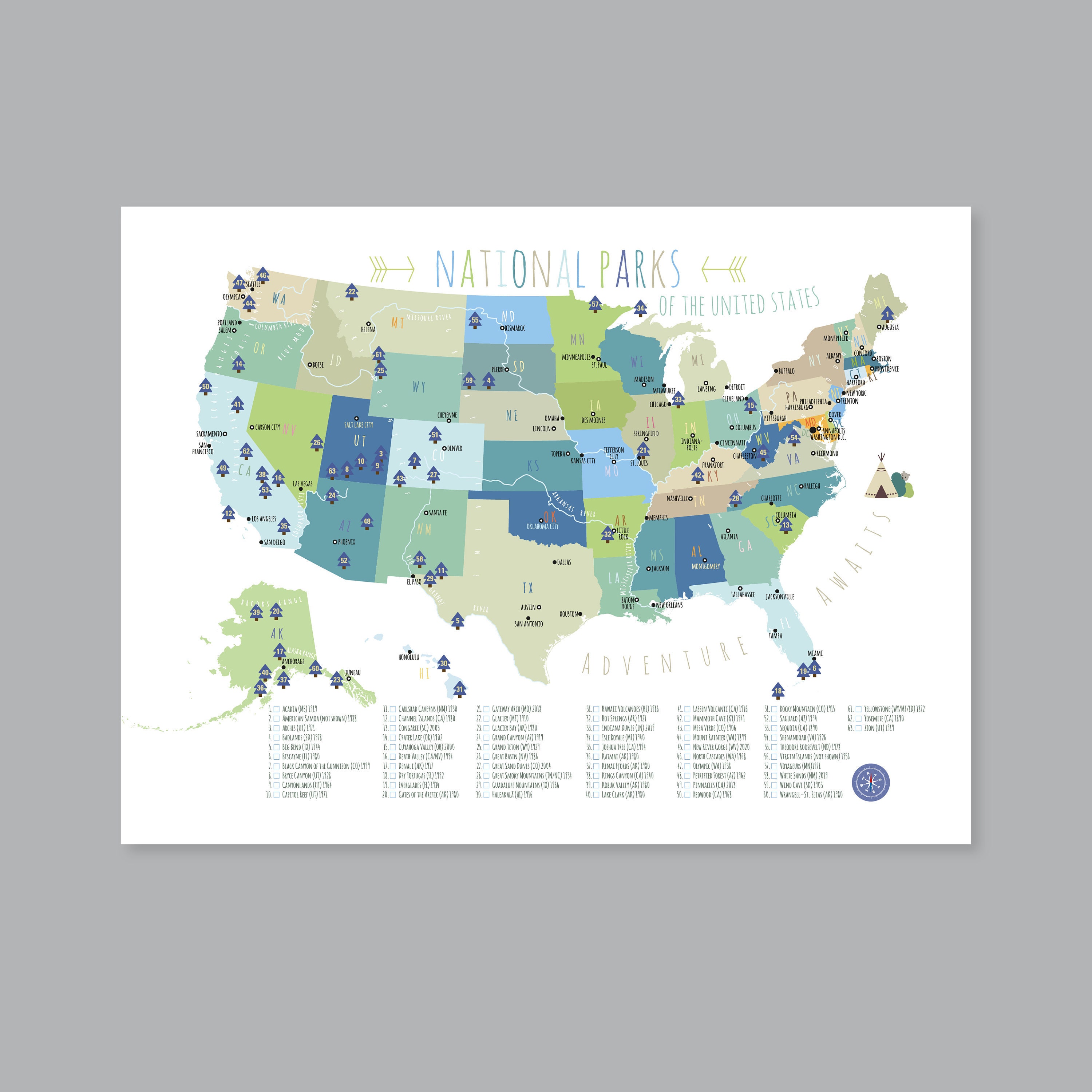 63 Us National Parks Map Printable Adventure Awaits Us Etsy