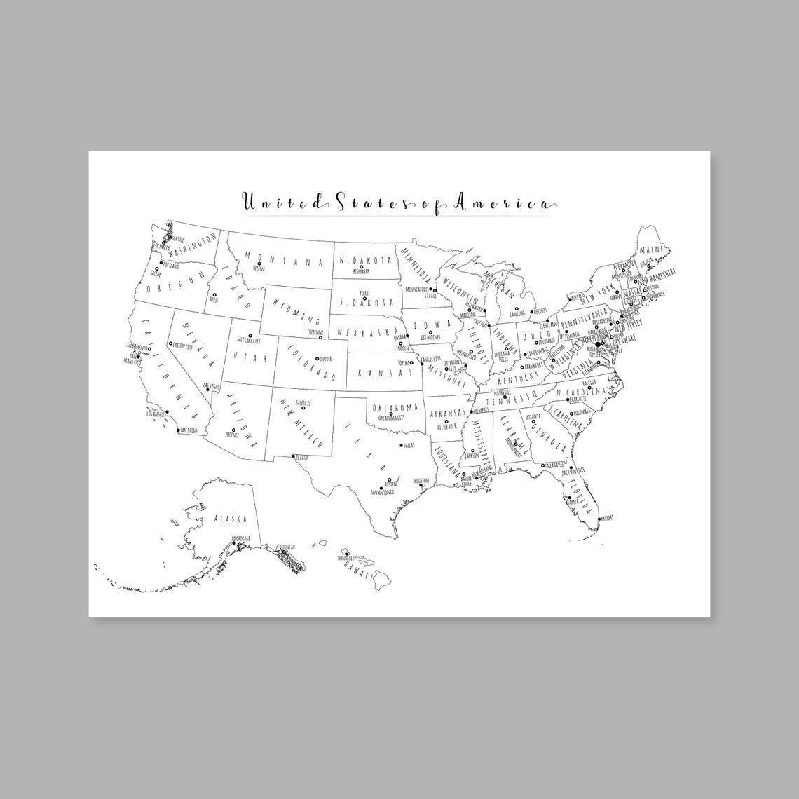 US Map Wall Art PRINTABLE United States Map Print Black and Etsy