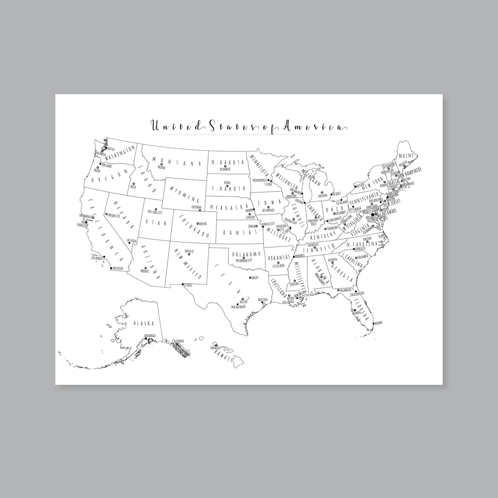 US Map Wall Art PRINTABLE United States Map Print Black and - Etsy