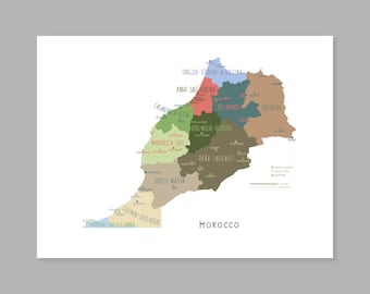 Afdruk kaart Marokko: regio's en hoofdsteden gelabeld (digitale download) #P612