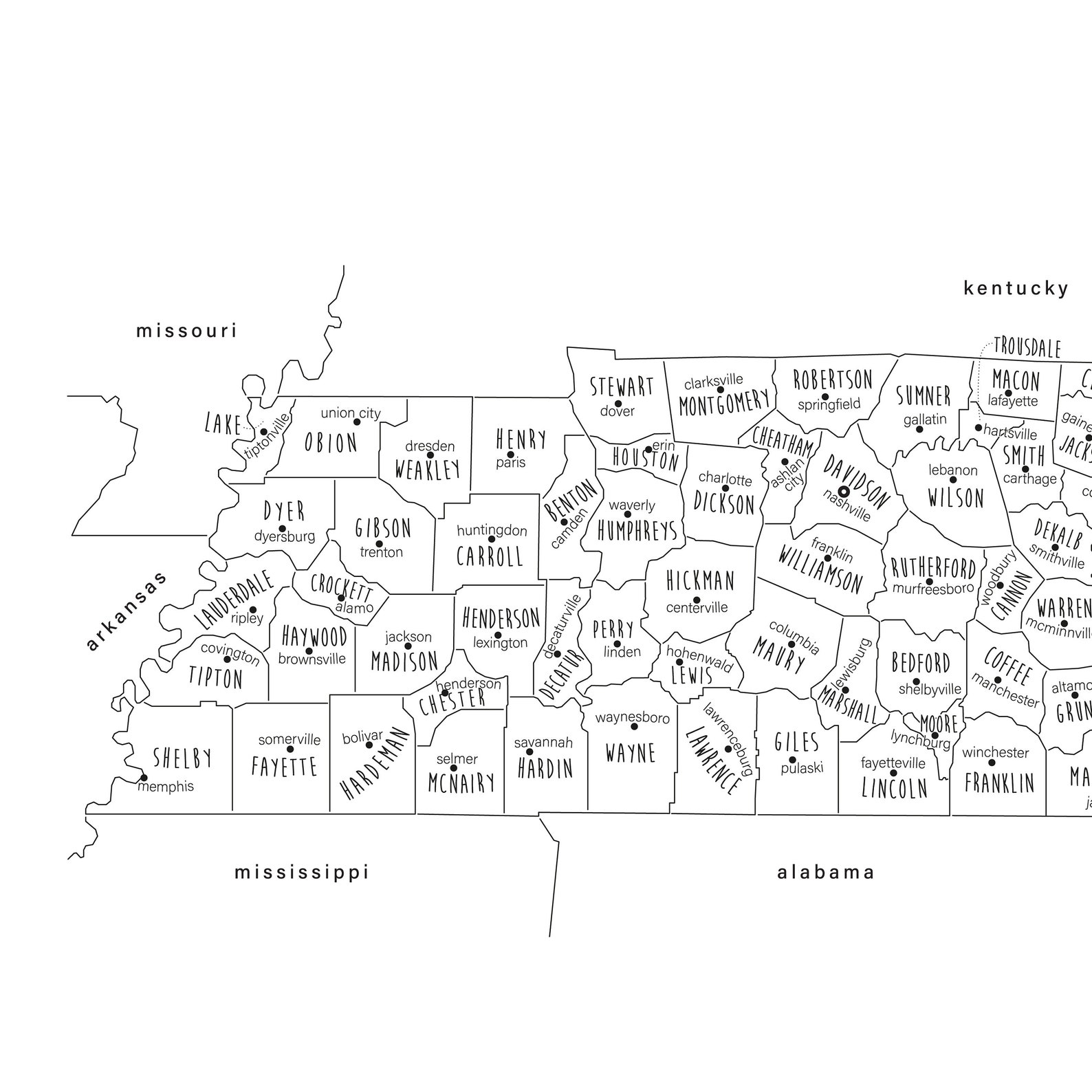 Tennessee Map Art, PRINTABLE Tennessee County Map TN, Tennessee State ...
