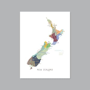 Neuseeland Karte, Neuseeland Landschaften, Regionen und Hauptstädte, DRUCKBARE Landkarte, modernes Wohndekor (#P640)