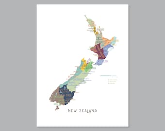 New Zealand Map, PRINTABLE New Zealand Regions and Capitals, Labeled New Zealand Map, Modern home decor (#P640)