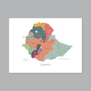 Äthiopien Karte, DRUCKBARE Äthiopien Bundesländer und Hauptstädte, beschriftete Äthiopien Karte mit Hauptstädten, modernes Wohndekor (#P602)