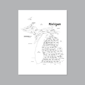 Mappa artistica del Michigan, mappa dei paesi del Michigan STAMPABILE MI, mappa dello stato del Michigan Arredamento moderno per la casa (#P511)