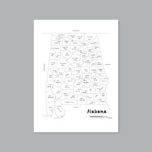 Arte de mapa do Alabama, mapa do condado do Alabama para impressão AL, pôster de mapa dos países do Alabama, mapa do estado do Alabama, decoração moderna para casa (#P543)