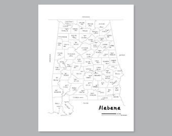 Alabama County Map Art Print: Modern Home Decor (PDF/JPG)
