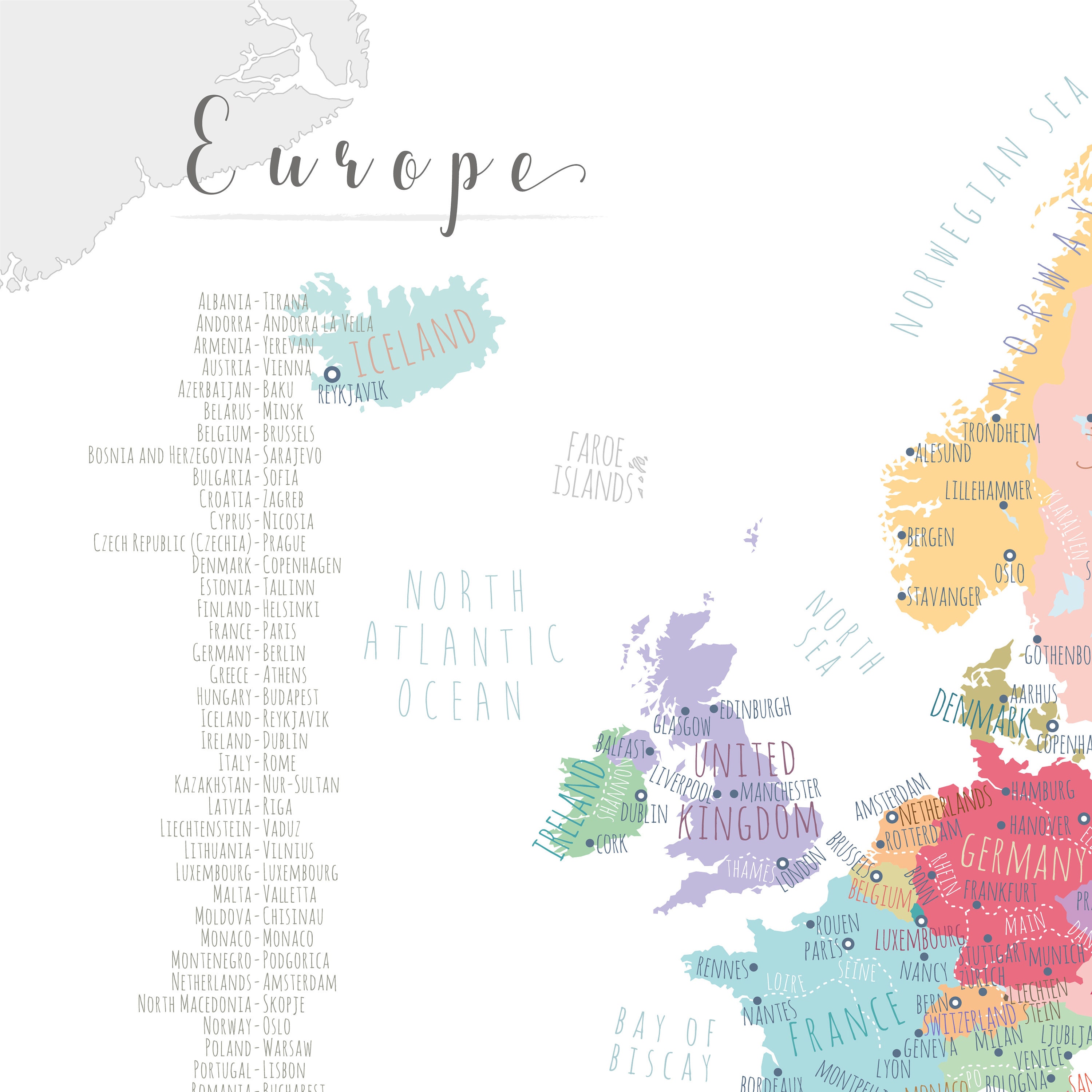 Europe Map, PRINTABLE Europe Capitals Map, Map of Europe Wall Art Kid ...