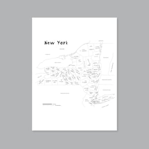 Poster mappa dello stato di New York, mappa dei paesi di New York STAMPABILE NY, mappa dello stato di New York, arredamento moderno per la casa (#P504)
