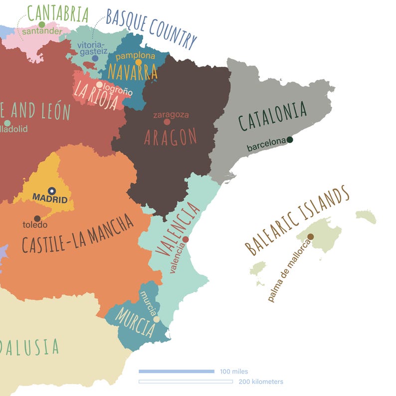 Spain Map, PRINTABLE Spain States and Capitals, Labeled Spain Map With Capital, Modern Home ...