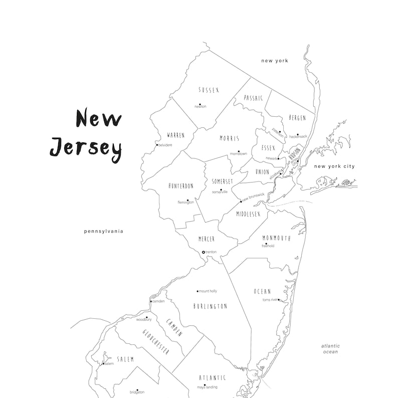 New Jersey Map Poster, PRINTABLE New Jersey County Map NJ, New Jersey