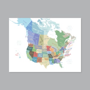 Carte des États-Unis du Canada, capitales et grandes villes des États-Unis imprimables, décoration d'intérieur moderne (#P453C)