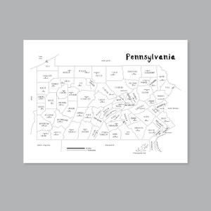 Art de carte de Pennsylvanie, carte des pays de Pennsylvanie imprimable PA, carte de l'état de Pennsylvanie, décoration d'intérieur moderne (#P518)