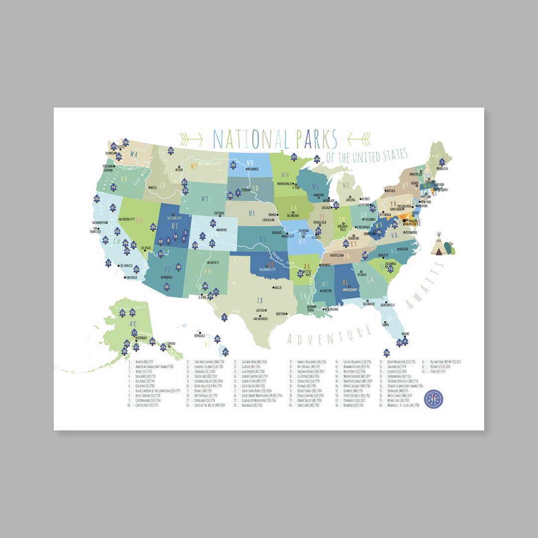 US National Parks Map Print: Adventure Awaits, Nursery Decor (PDF