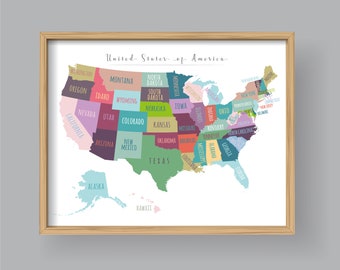 USA Map Print: Colorful United States Map for Kids (Digital Download)