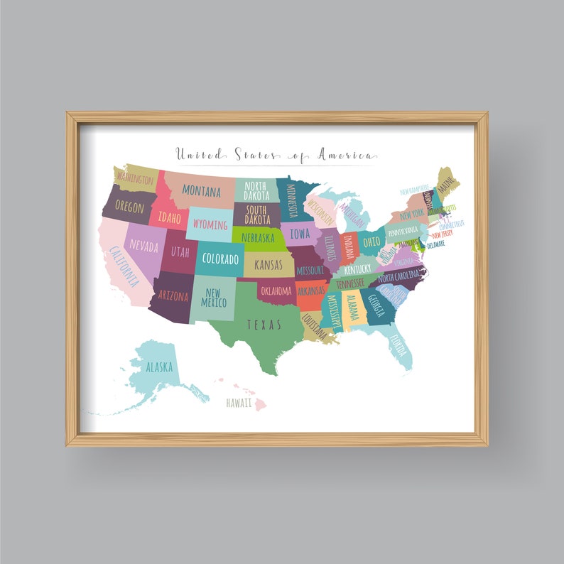 United States Map Wall Art, PRINTABLE United States Map Print, Usa Map Wall Art, USA Map for Kids, Home Kids Room Decor P450 image 1