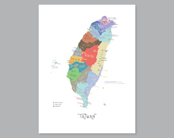 Taiwan Map, PRINTABLE Taiwan Provinces, Labeled Taiwan Map, Modern home decor (#P586)