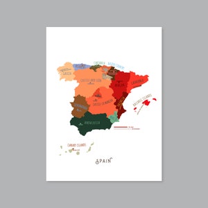 Spain Map, PRINTABLE Spain States and Capitals, Labeled Spain Map with Capital, Modern home decor (#P572)