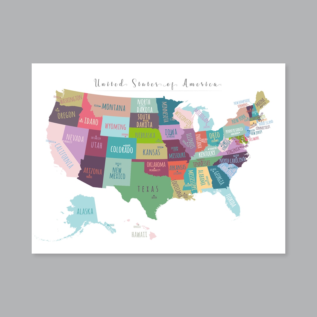 US Map Capitals Wall Art, PRINTABLE United States Map Print, Usa States ...