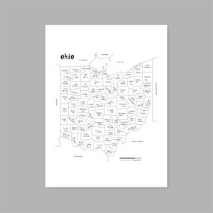 Art de la carte de l'Ohio, carte du comté de l'Ohio imprimable OH, carte de l'état de l'Ohio, décoration moderne (# P509)