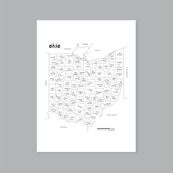 Ohio map art, PRINTABLE Ohio county map OH, Ohio state map, Modern home decor (#P509)