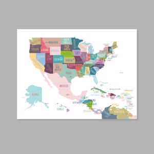 Kaart van Noord-Amerika, AFDRUKBARE kaart van de Verenigde Staten, kaartposter met hoofdsteden van de Verenigde Staten, kaart van de VS voor kinderen, kinderkamerdecoratie (#P452B)
