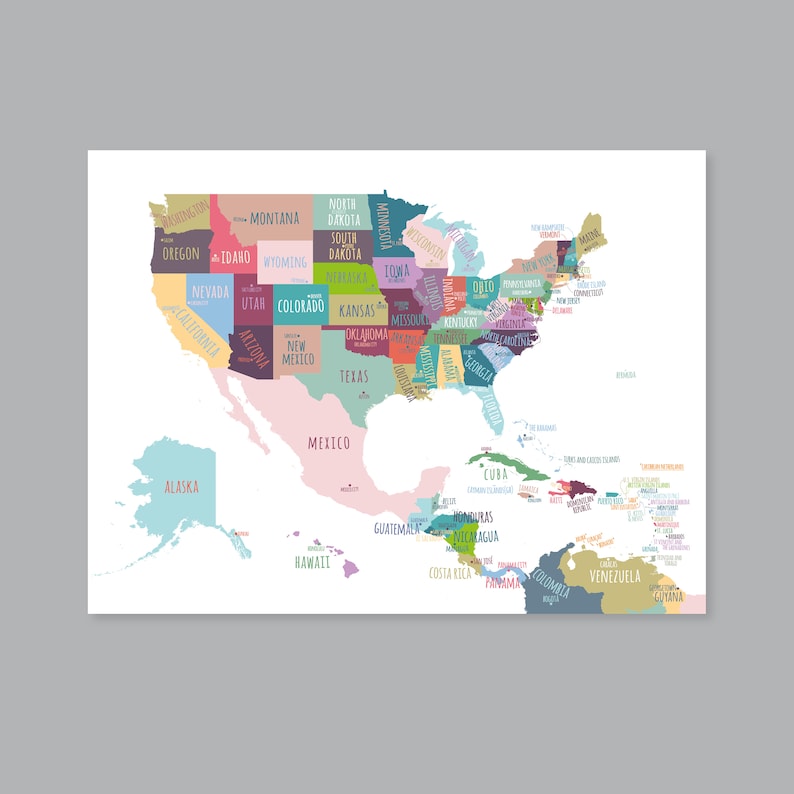 North America Map, PRINTABLE United States Map Print, USA States ...