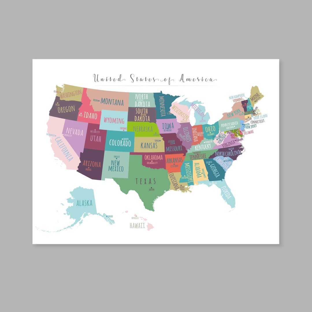 US Map Capitals Wall Art PRINTABLE United States Map Print - Etsy Canada