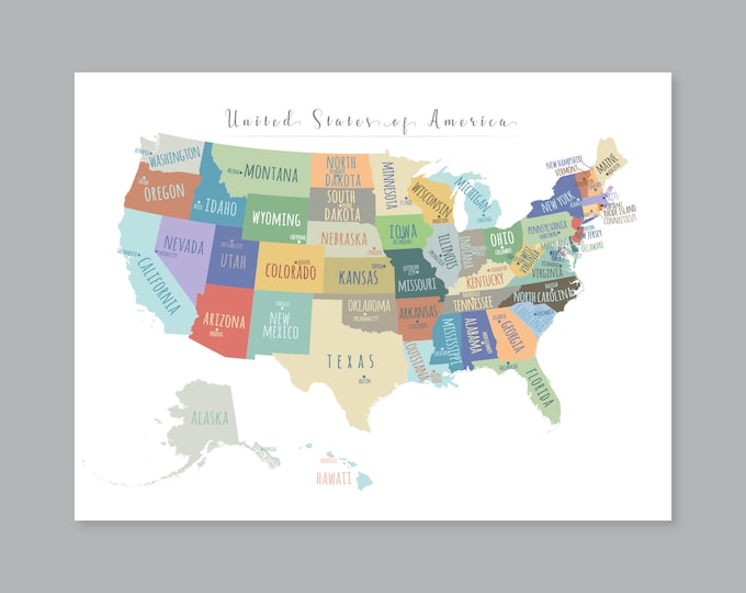 Large US Map, PRINTABLE State Capitals Map, USA Map Wall Art, Usa Map ...