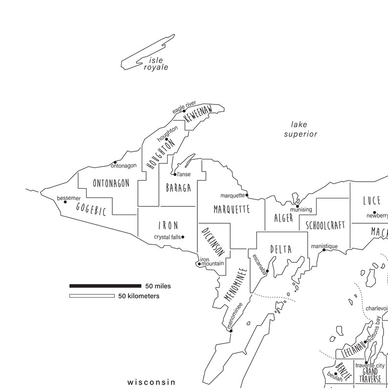 Michigan Map Art, PRINTABLE Michigan Countries Map MI, Michigan State Map Modern Home Decor P511 ...