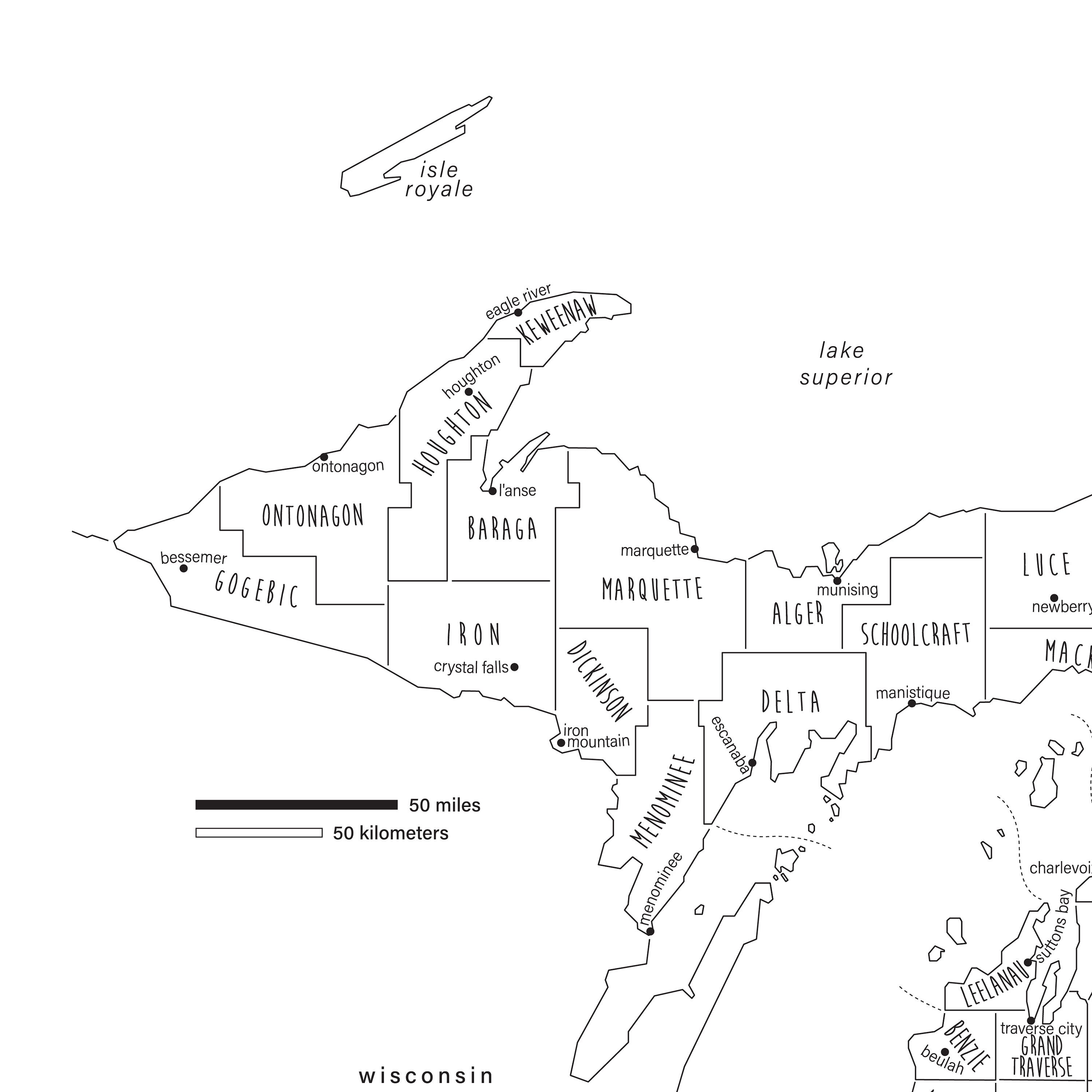 Michigan Map Art, PRINTABLE Michigan Countries Map MI, Michigan State ...
