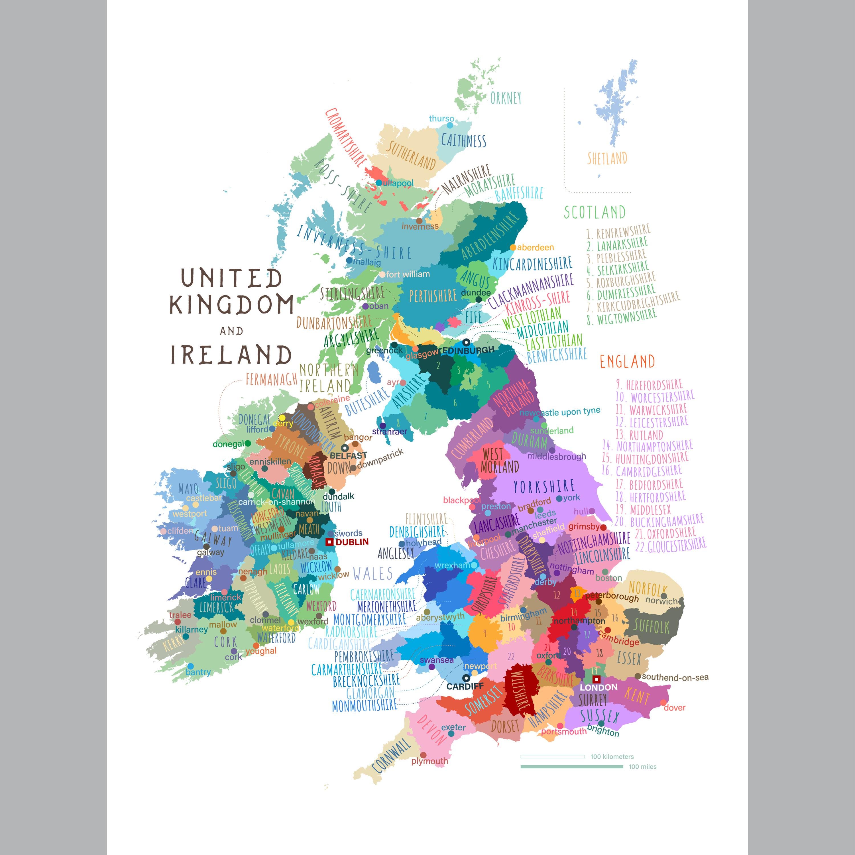 UK Ireland County Map Print: Labeled United Kingdom Ireland (digital