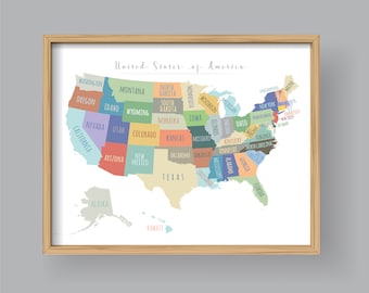 United States Map Print: USA Kids Room Decor (Digital Download)