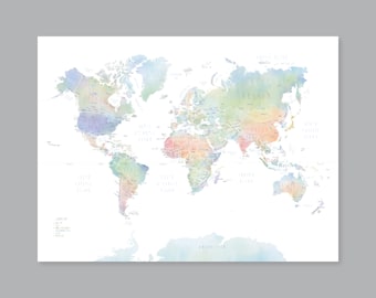 Watercolor World Map Print: Kid's Nursery, Modern Home Decor (Digital Download)