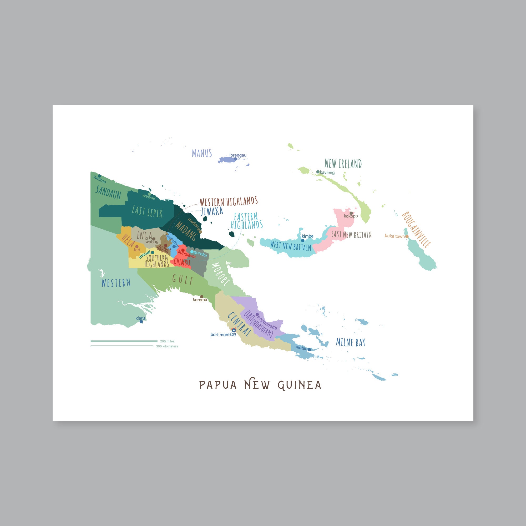 Papua New Guinea Map, PRINTABLE Papua New Guinea States and Capitals, Labeled Papua New Guinea Map with Capital, Modern home decor (#P575)