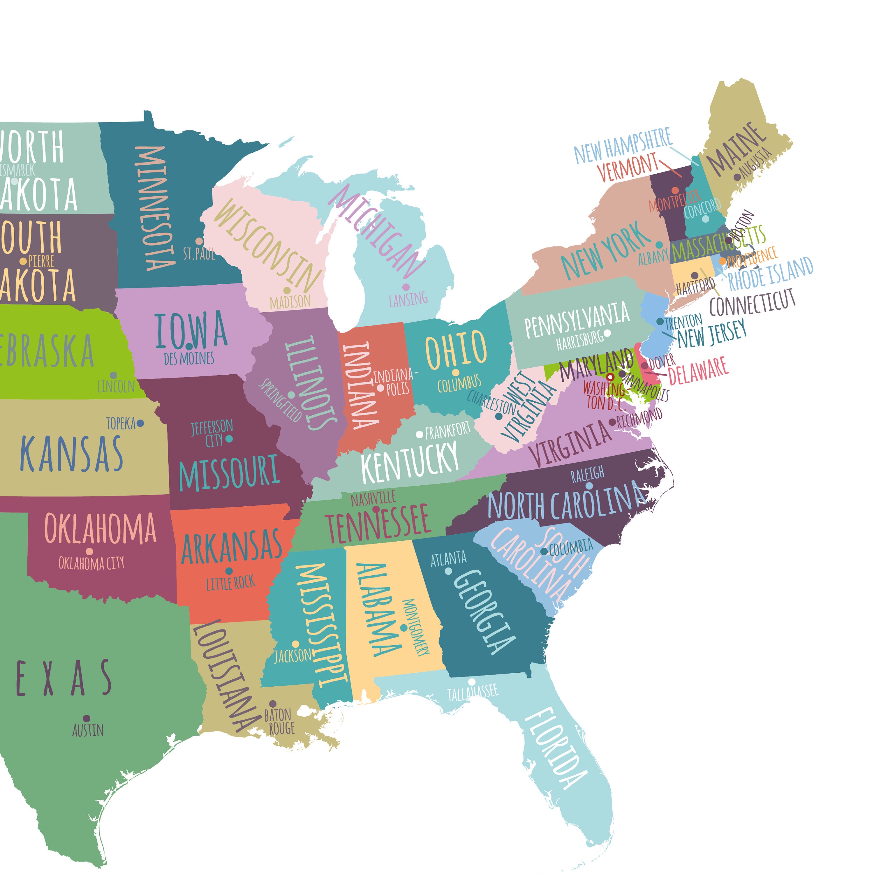 US Map Capitals Wall Art, PRINTABLE United States Map Print, Usa States ...