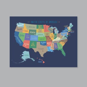 Art mural capitales de la carte des États-Unis, impression de carte des États-Unis imprimable, affiche de carte des capitales des États-Unis, océan indigo, décoration de chambre d'enfants (#P453D)