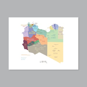 Libyen Karte, DRUCKBARER Libyen Distrikt und Hauptstädte, beschriftete Libyen Karte mit Hauptstadt, modernes Wohndekor (#P638)