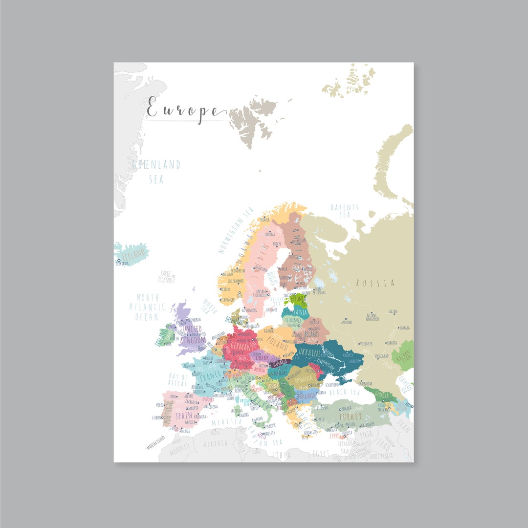 Europe Map, PRINTABLE Europe Capitals Map, Map of Europe Wall Art Kid
