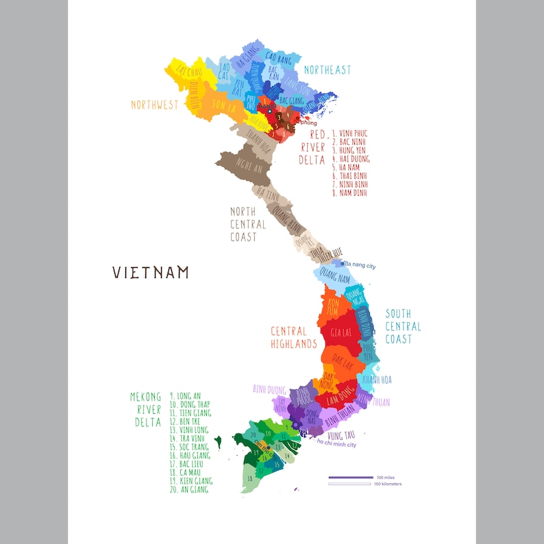 Vietnam Map Region, PRINTABLE Vietnam Provinces, Labeled Vietnam Map, Modern home decor P576 image 8