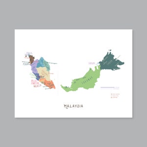 Malaysia Karte, malayische Provinzen DRUCKBARE Karte, Landkarte Malaysia, modernes Wohndekor (#P589)