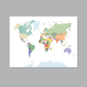 Affiche carte du monde, carte du monde imprimable avec les pays, art mural carte du monde chambre d'enfant, décoration d'intérieur moderne (#P397B)
